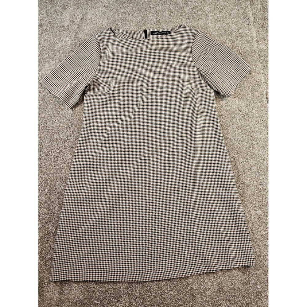 Zara Woman Brown Houndstooth Short Sleeve Shift Mini Dress Size S